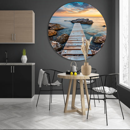 Houten Steiger met Zonsondergang aan de Kust forex muurcirkel