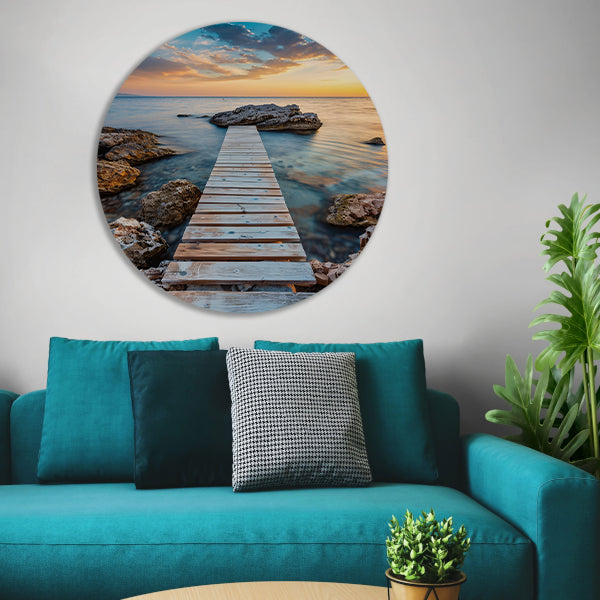 Houten Steiger met Zonsondergang aan de Kust aluminium muurcirkel