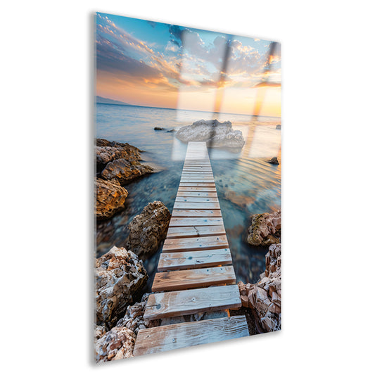 Houten Steiger met Zonsondergang aan de Kust acrylglas