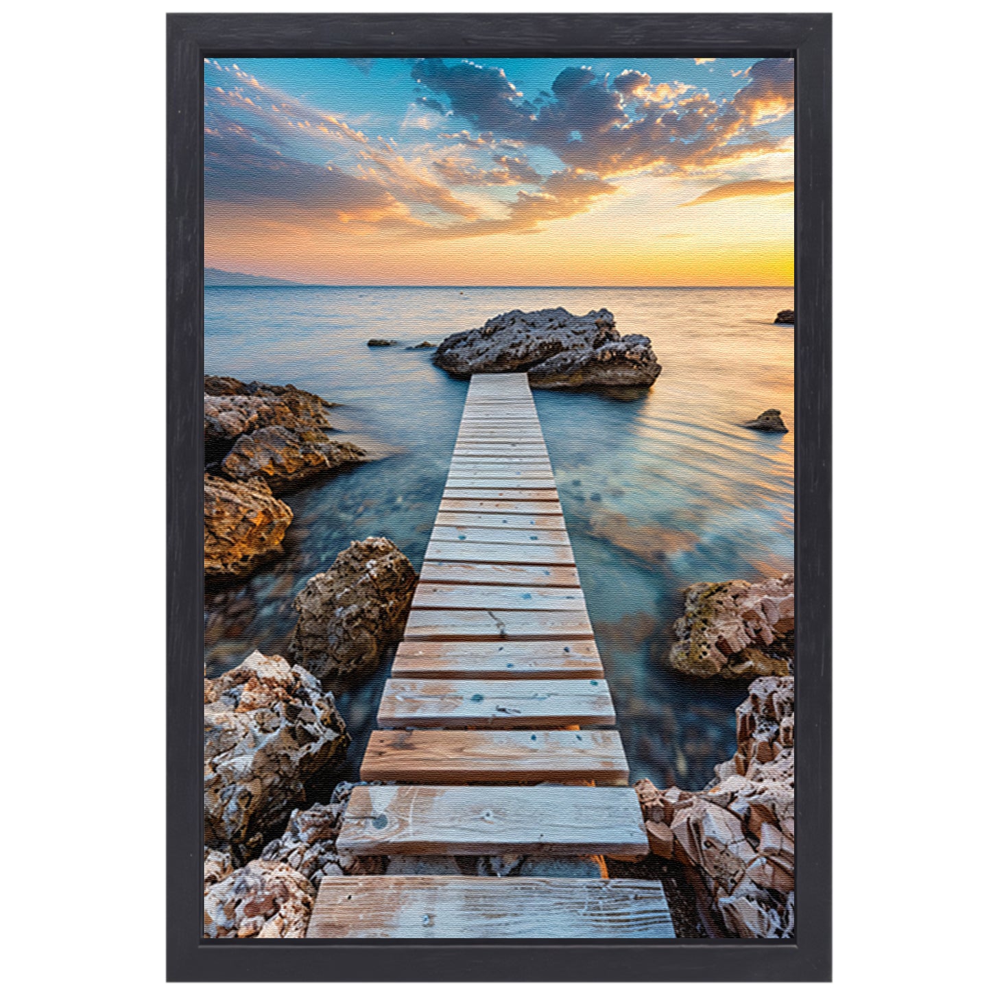 Houten Steiger met Zonsondergang aan de Kust canvas met baklijst