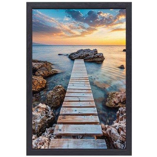 Houten Steiger met Zonsondergang aan de Kust canvas met baklijst