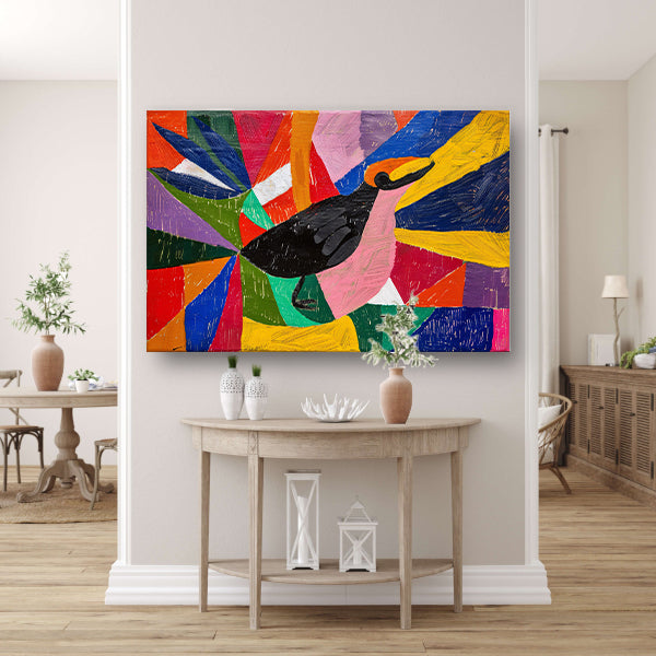 Kleurrijk abstract schilderij van een vogel poster