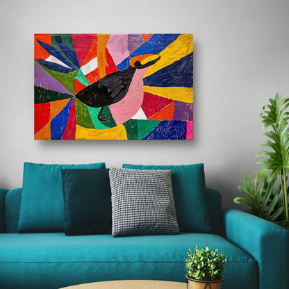 Kleurrijk abstract schilderij van een vogel poster