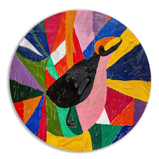 Kleurrijk abstract schilderij van een vogel aluminium muurcirkel