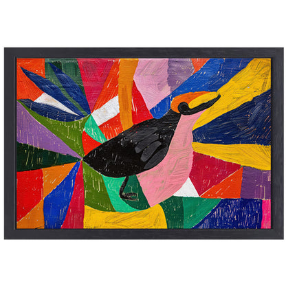 Kleurrijk abstract schilderij van een vogel canvas met baklijst