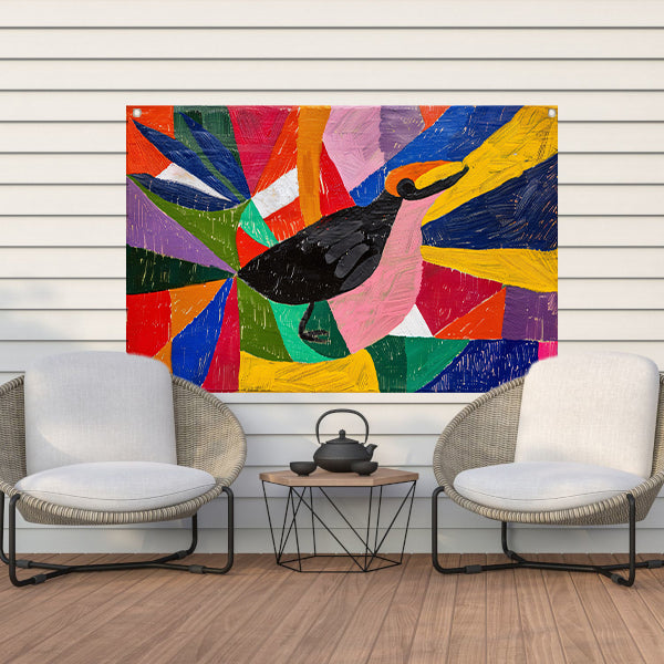 Kleurrijk abstract schilderij van een vogel tuinposter