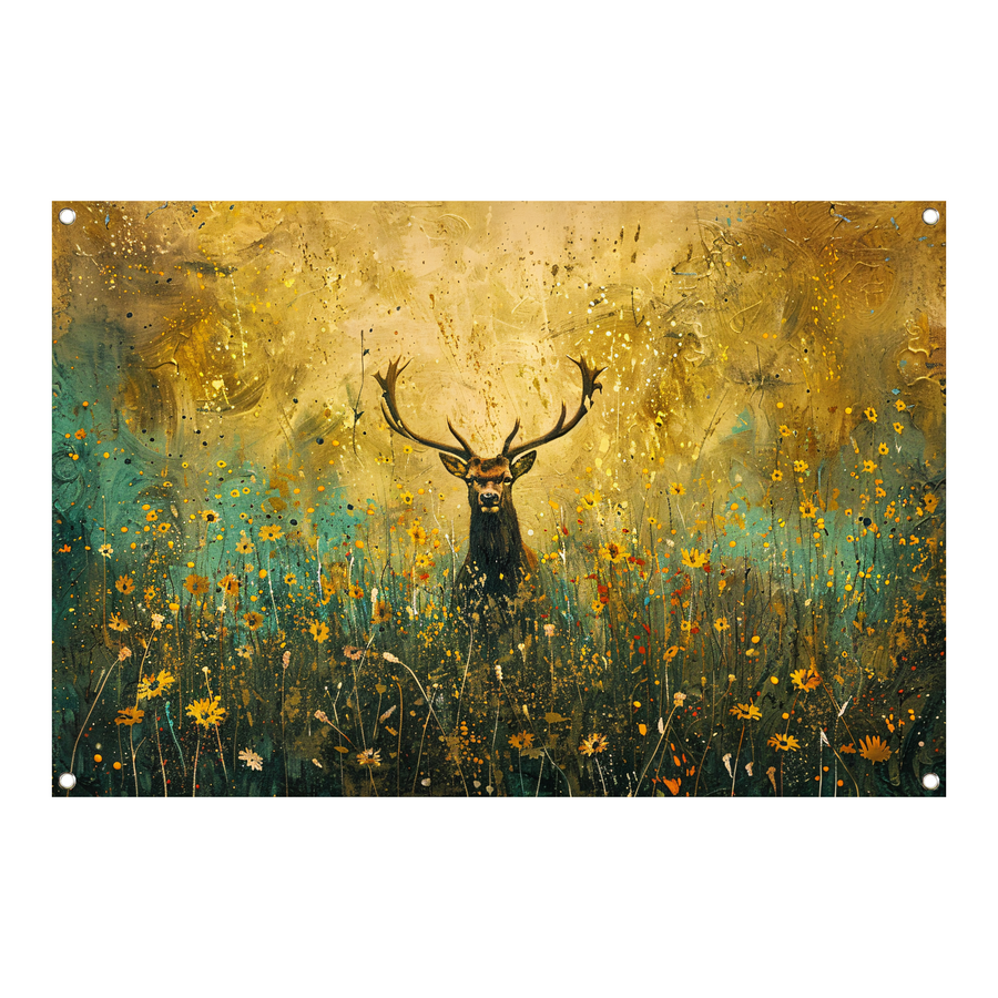 Majestueus hert in kleurrijk bloemenveld schilderij tuinposter