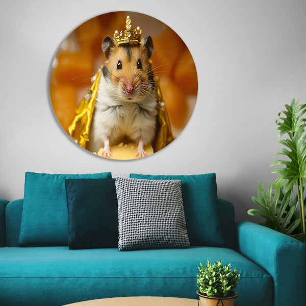 Hamster met gouden kroon en mantel   aluminium muurcirkel