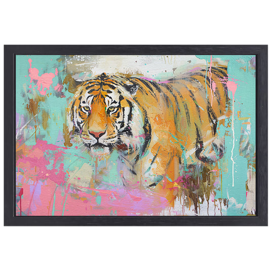 Kleurrijke abstracte schilderij van tijger canvas met baklijst