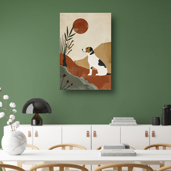 Stilistische hond en planten tegen rode zon canvas