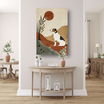 Stilistische hond en planten tegen rode zon canvas