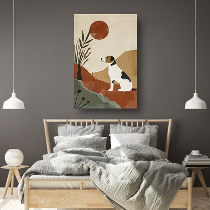 Stilistische hond en planten tegen rode zon canvas