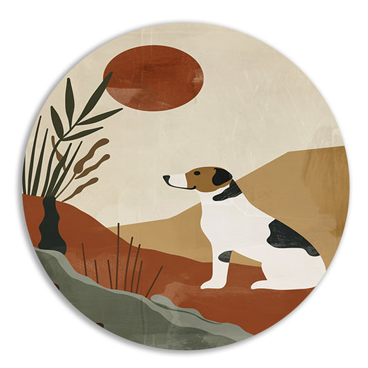 Stilistische hond en planten tegen rode zon forex muurcirkel
