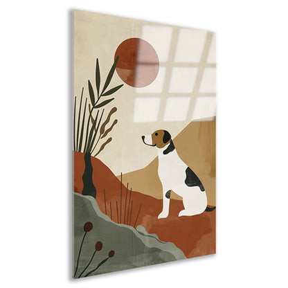 Stilistische hond en planten tegen rode zon acrylglas