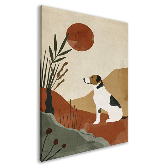 Stilistische hond en planten tegen rode zon canvas