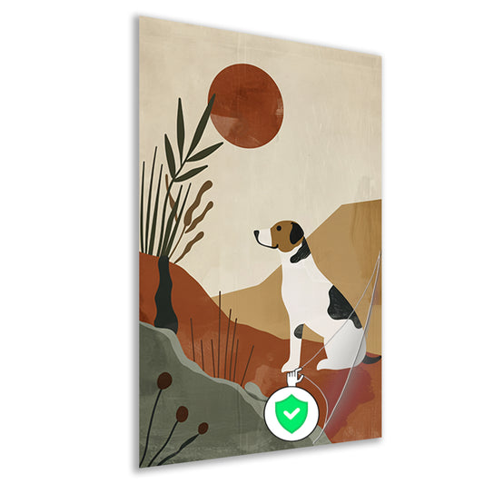 Stilistische hond en planten tegen rode zon poster