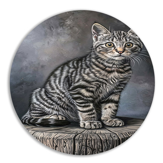 Gedetailleerd realistisch schilderij van een kat aluminium muurcirkel