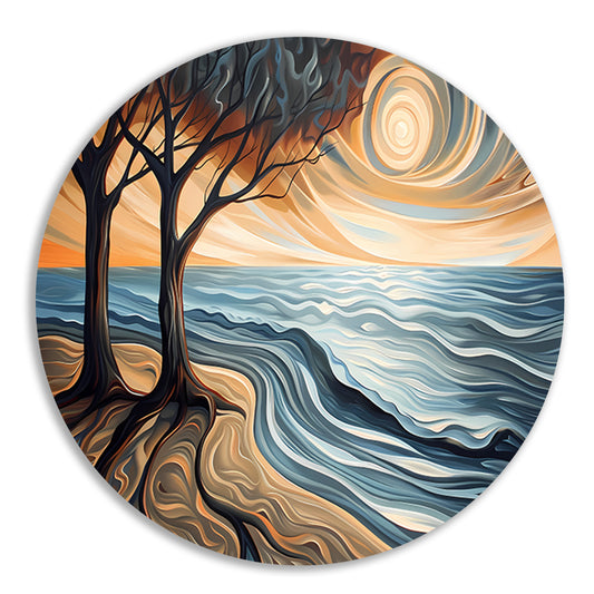 Surrealistisch strand met bomen en zon forex muurcirkel