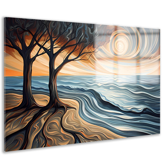 Surrealistisch strand met bomen en zon acrylglas