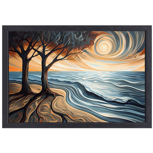 Surrealistisch strand met bomen en zon canvas met baklijst