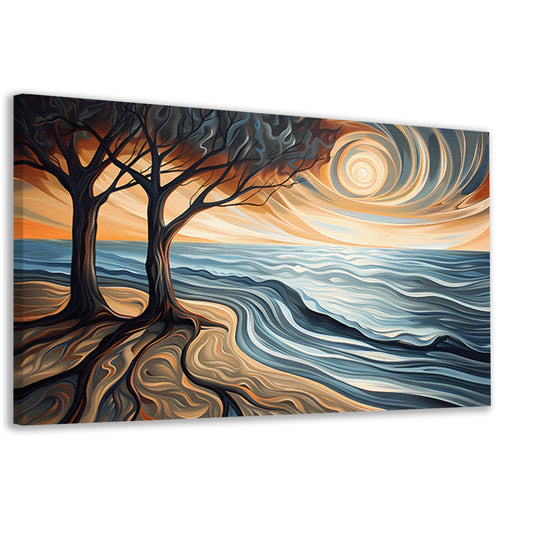 Surrealistisch strand met bomen en zon canvas