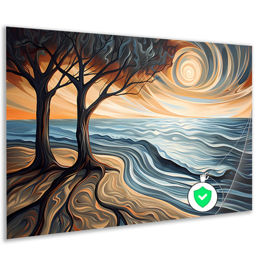 Surrealistisch strand met bomen en zon poster