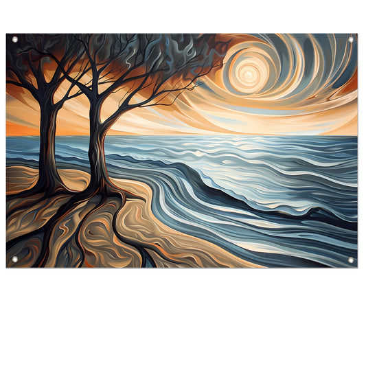 Surrealistisch strand met bomen en zon tuinposter