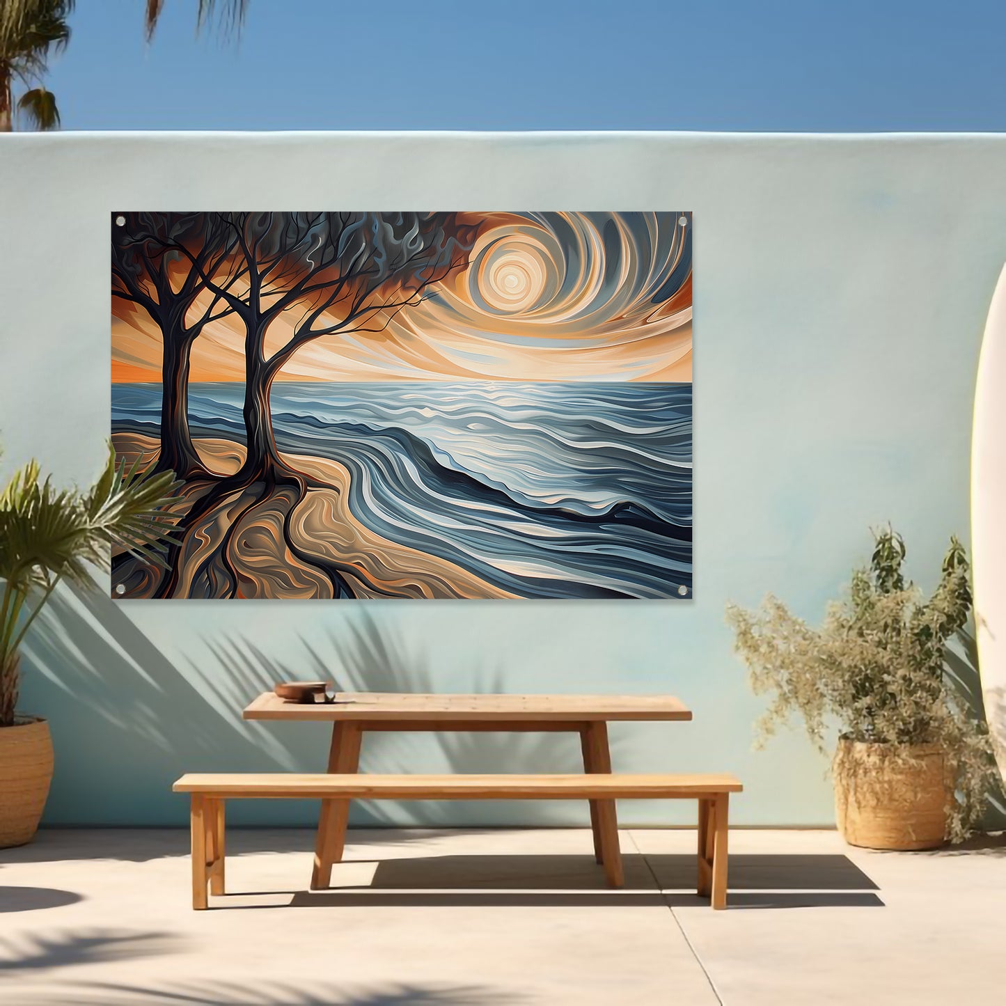 Surrealistisch strand met bomen en zon tuinposter