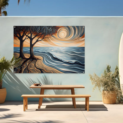 Surrealistisch strand met bomen en zon tuinposter
