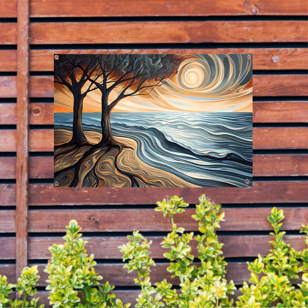 Surrealistisch strand met bomen en zon tuinposter