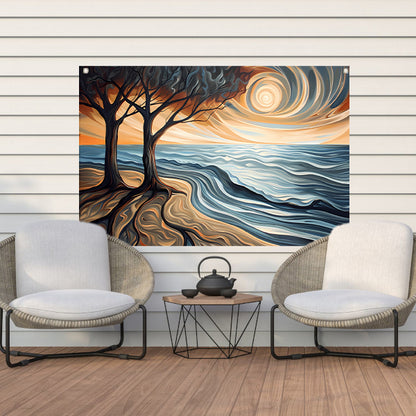 Surrealistisch strand met bomen en zon tuinposter