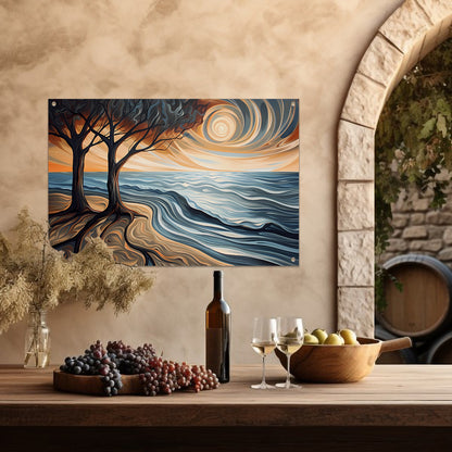 Surrealistisch strand met bomen en zon tuinposter