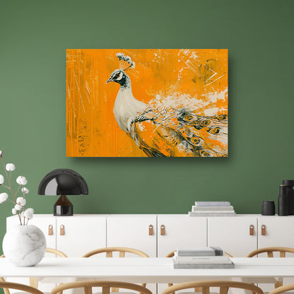 Dynamisch schilderij van een pauw in oranje acrylglas