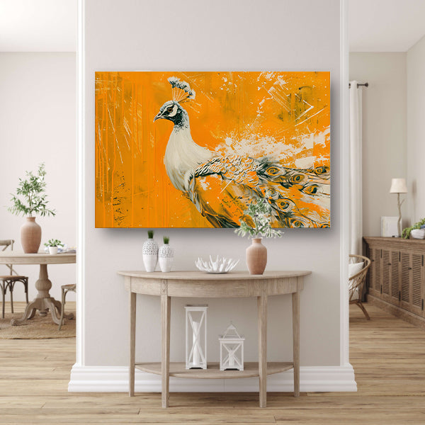 Dynamisch schilderij van een pauw in oranje acrylglas
