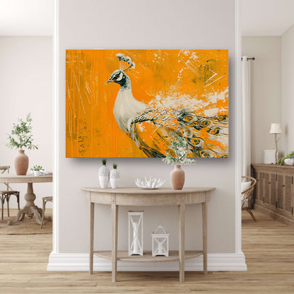 Dynamisch schilderij van een pauw in oranje acrylglas