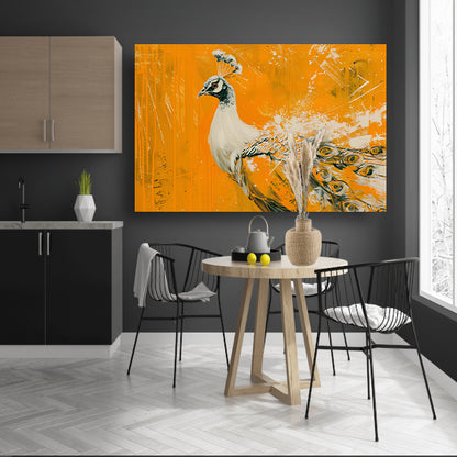 Dynamisch schilderij van een pauw in oranje acrylglas