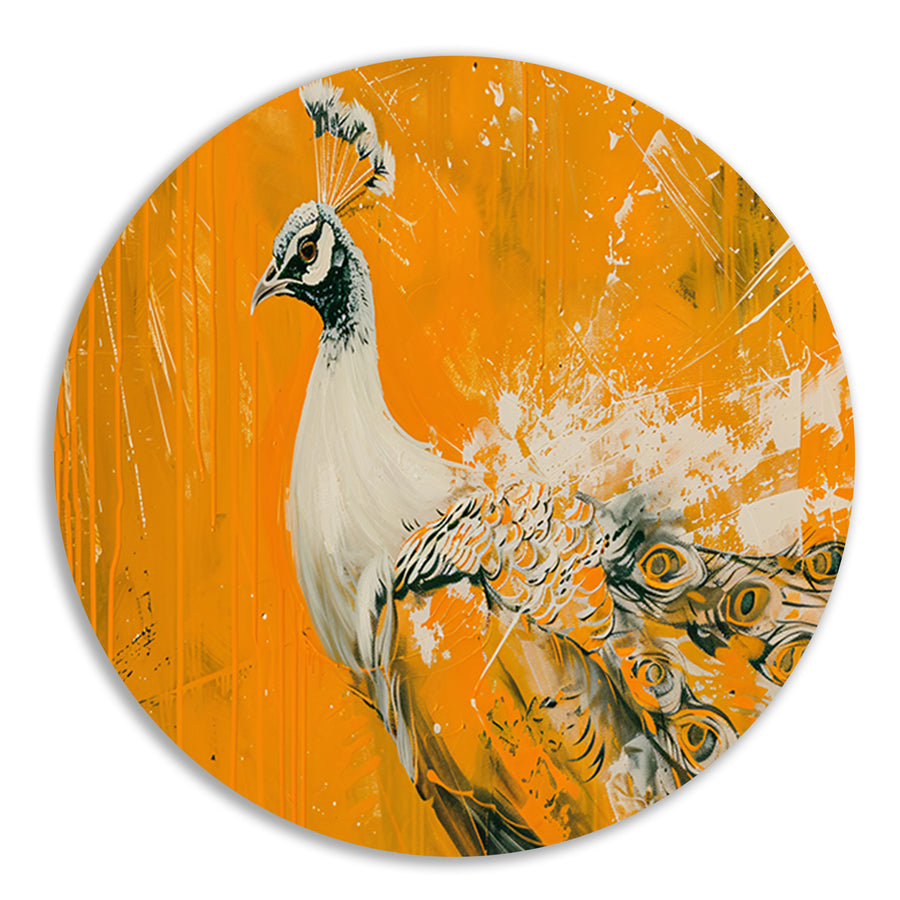 Dynamisch schilderij van een pauw in oranje forex muurcirkel