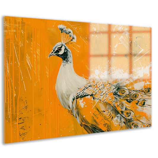 Dynamisch schilderij van een pauw in oranje acrylglas