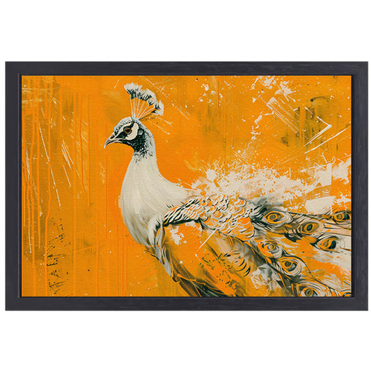 Dynamisch schilderij van een pauw in oranje canvas met baklijst
