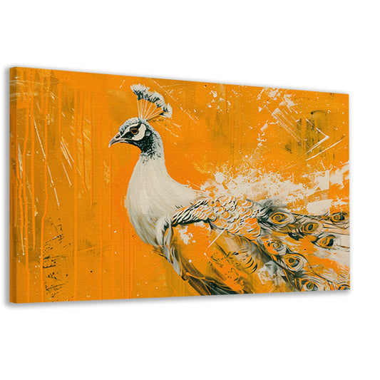 Dynamisch schilderij van een pauw in oranje canvas