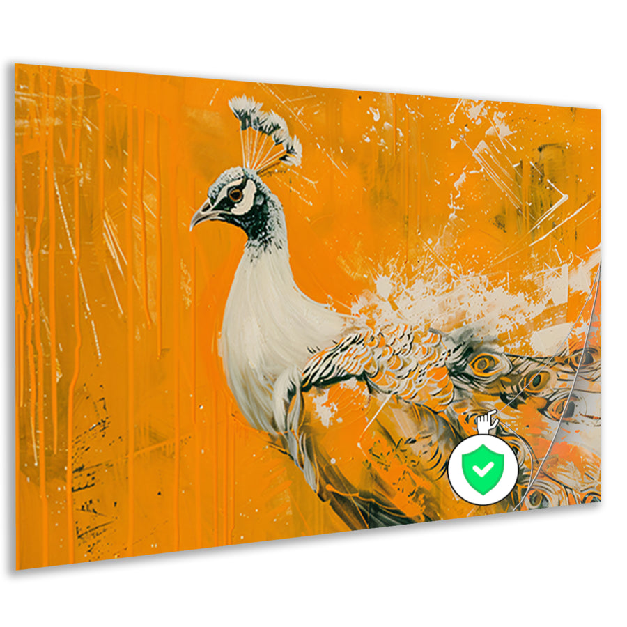 Dynamisch schilderij van een pauw in oranje poster
