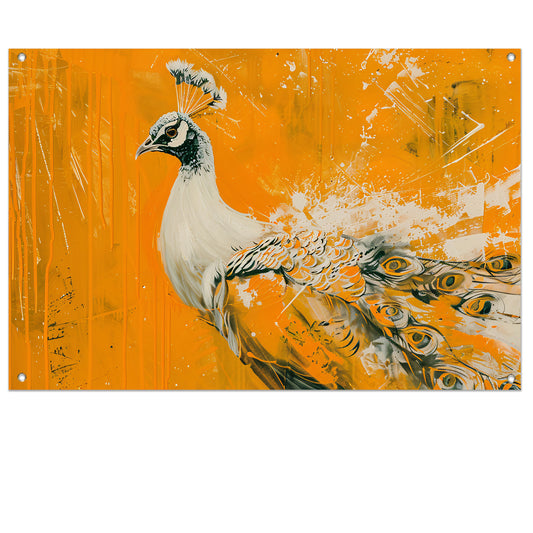 Dynamisch schilderij van een pauw in oranje tuinposter