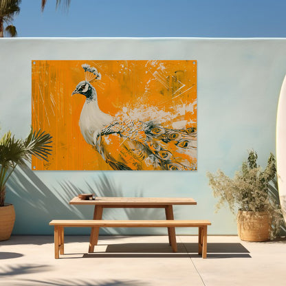 Dynamisch schilderij van een pauw in oranje tuinposter