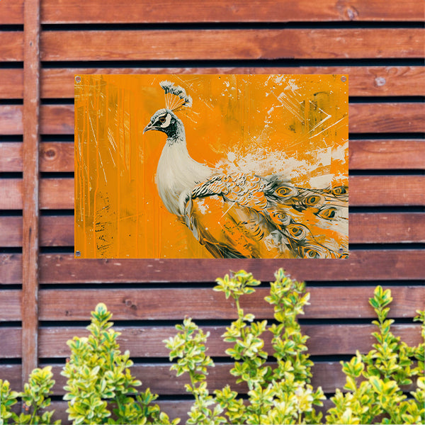 Dynamisch schilderij van een pauw in oranje tuinposter
