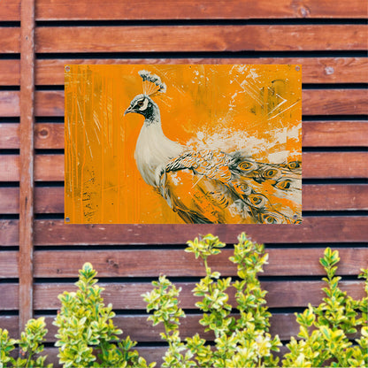 Dynamisch schilderij van een pauw in oranje tuinposter