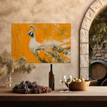 Dynamisch schilderij van een pauw in oranje tuinposter