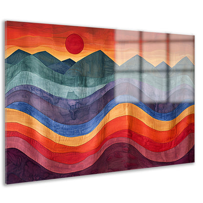 Kleurrijk abstract landschap met bergen en zon acrylglas