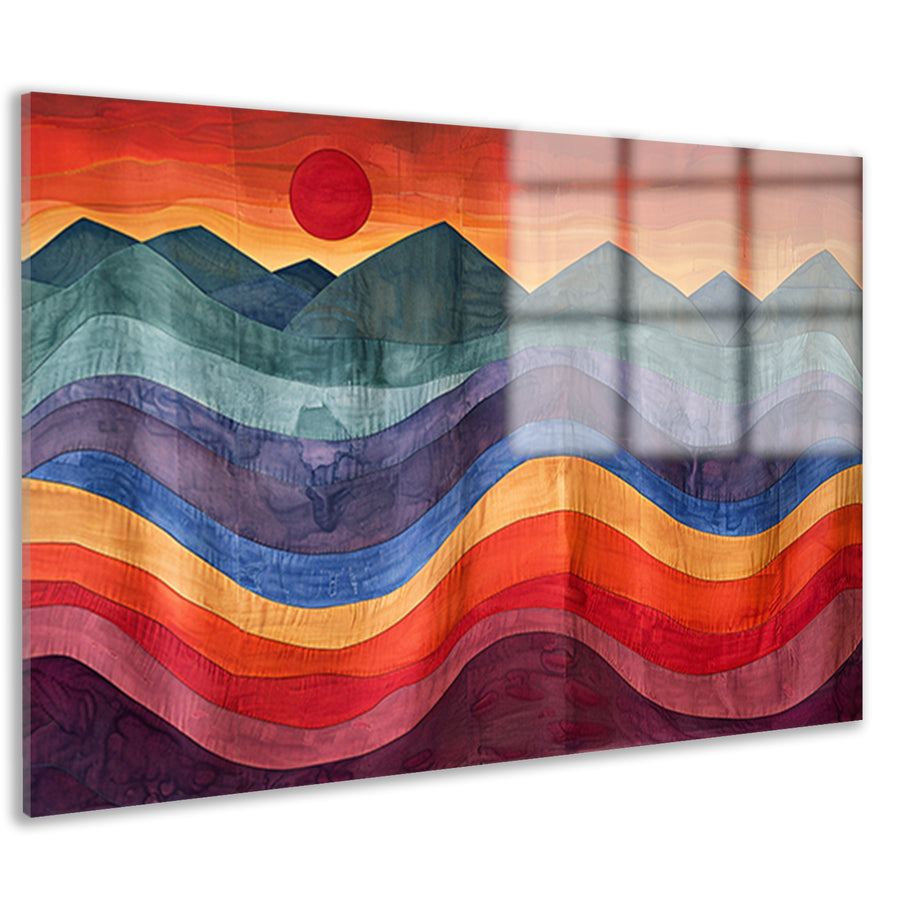Kleurrijk abstract landschap met bergen en zon acrylglas