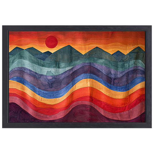 Kleurrijk abstract landschap met bergen en zon canvas met baklijst