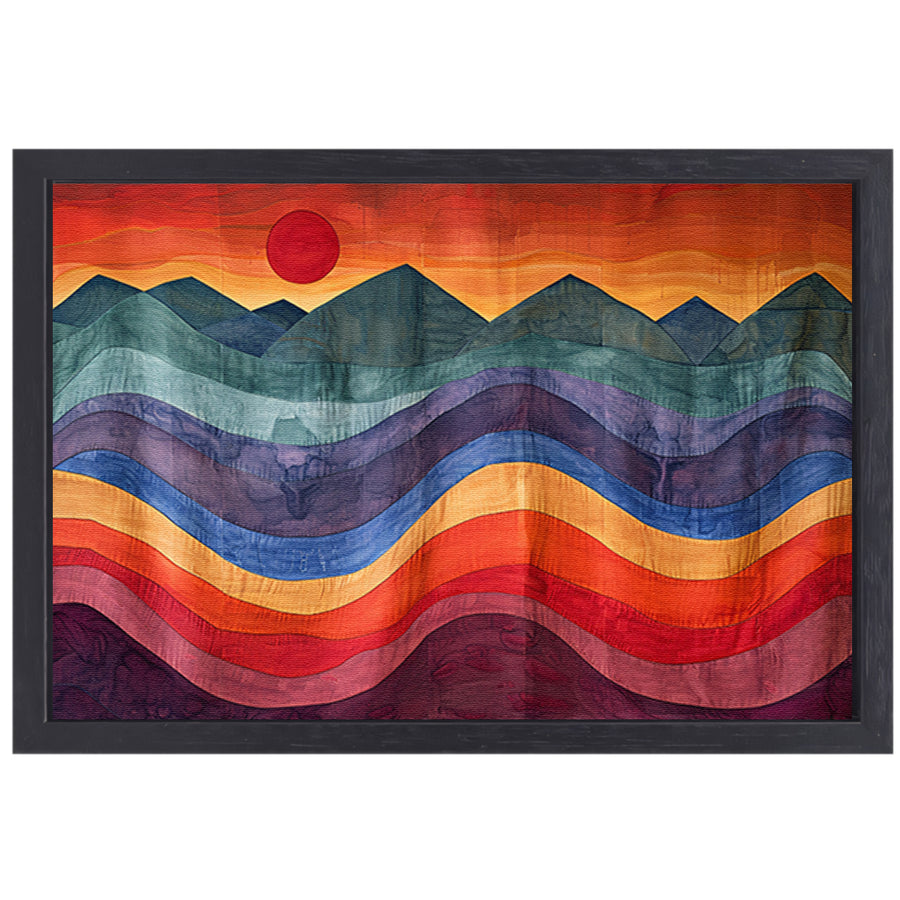 Kleurrijk abstract landschap met bergen en zon canvas met baklijst